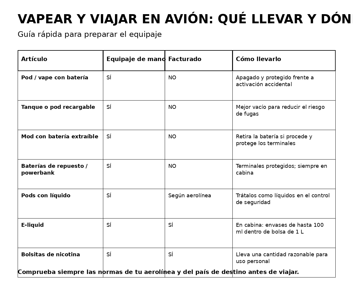 Cómo viajar en avión con vapeadores, baterías y líquidos