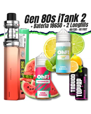 Pack Gen 80s iTank2 (Neon Orange) Vaporesso + Batería 18650 + 2 Longfills 40/120 + VG Fast