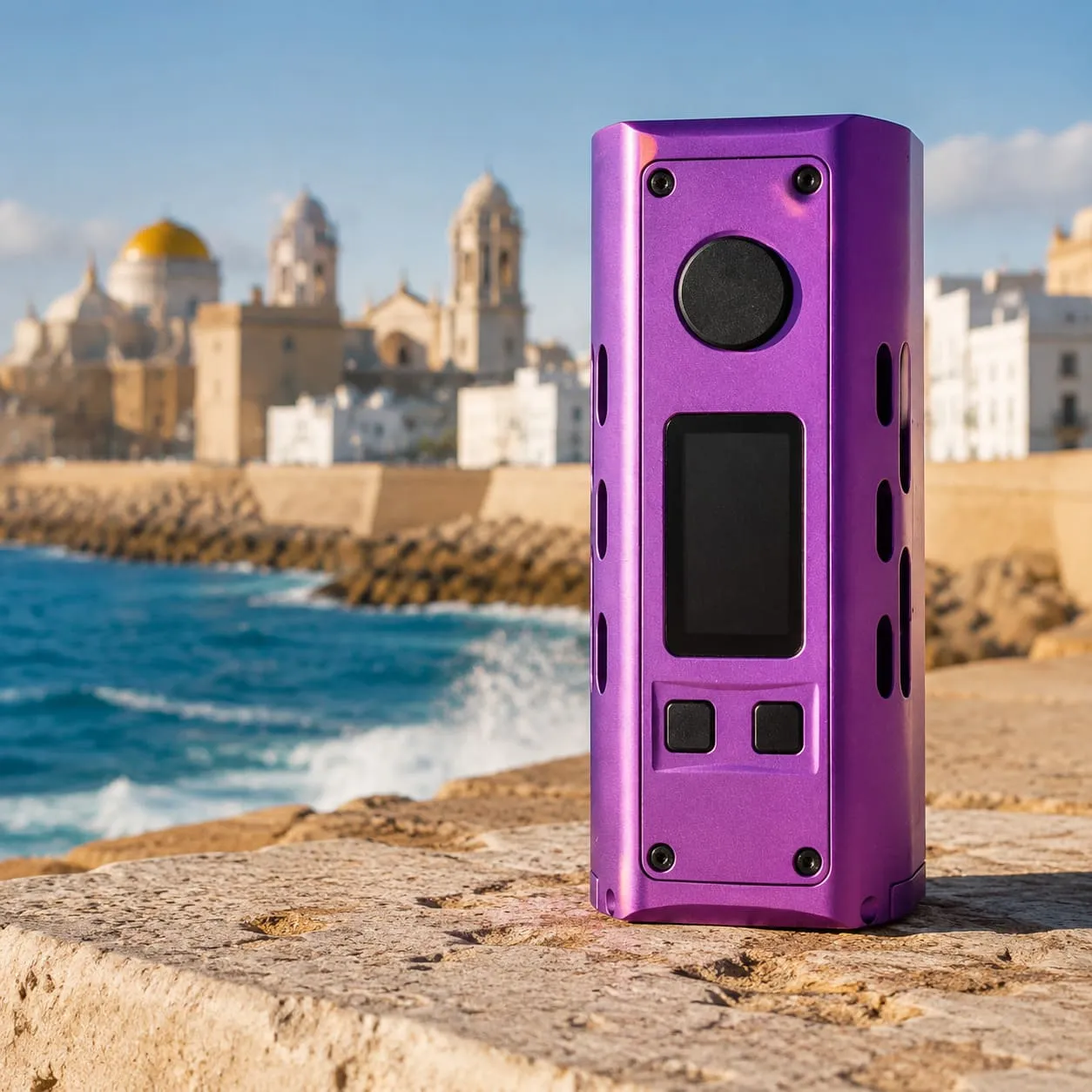 Producto de vapeo junto al litoral y la catedral de C&aacute;diz
